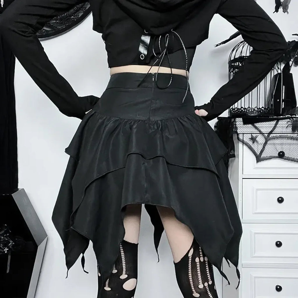 Gothic Punk Ruffle Skirt – Irregular Hem Drawstring Tie-Up Mini Skirt - Bottoms - Skirts - 6