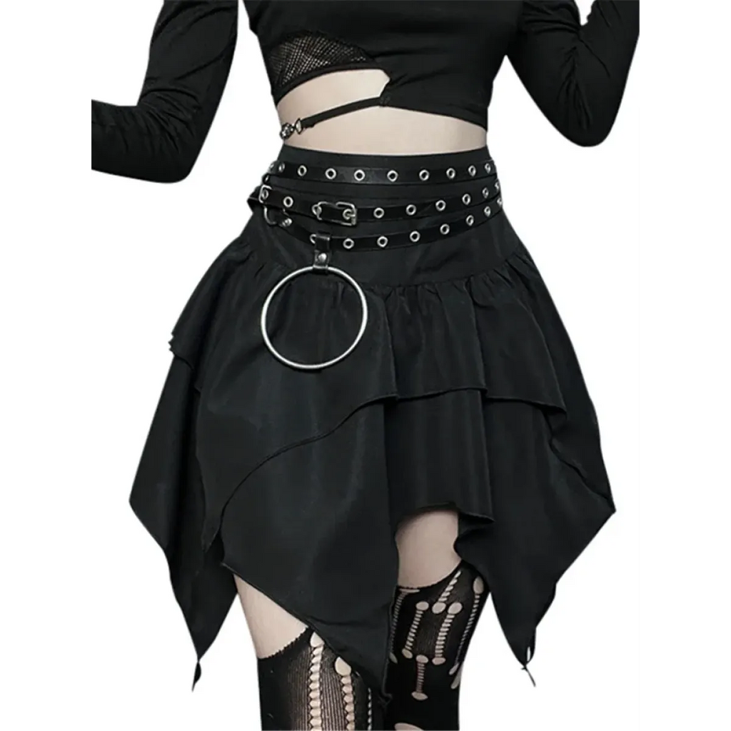 Gothic Punk Ruffle Skirt – Irregular Hem Drawstring Tie-Up Mini Skirt - Bottoms - Skirts - 7