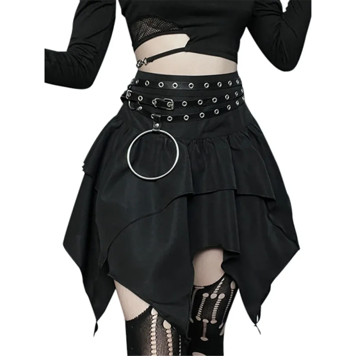 Gothic Punk Ruffle Skirt – Irregular Hem Drawstring Tie-Up Mini Skirt - Bottoms - Skirts - 7