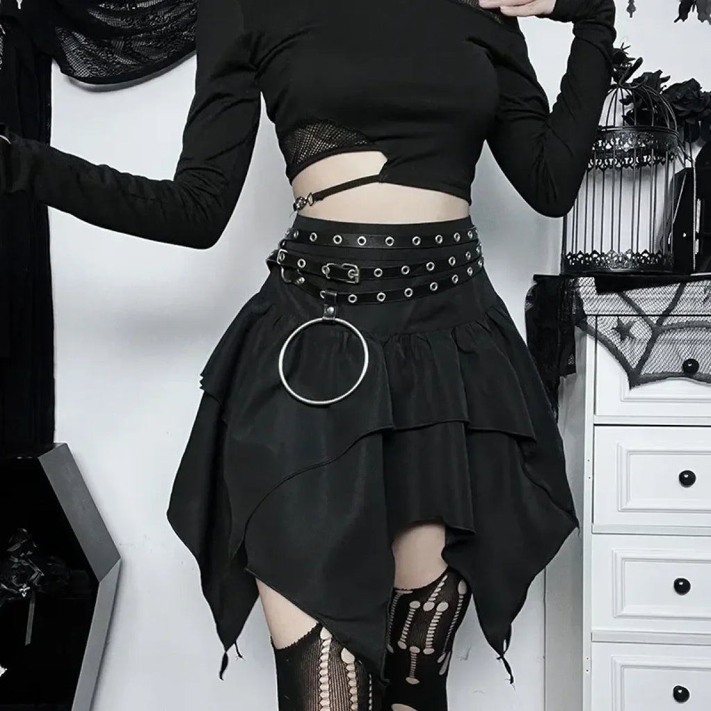 Gothic Punk Ruffle Skirt – Irregular Hem Drawstring Tie-Up Mini Skirt - Bottoms - Skirts - 3