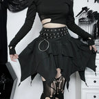 Gothic Punk Ruffle Skirt – Irregular Hem Drawstring Tie-Up Mini Skirt - Bottoms - Skirts - 2