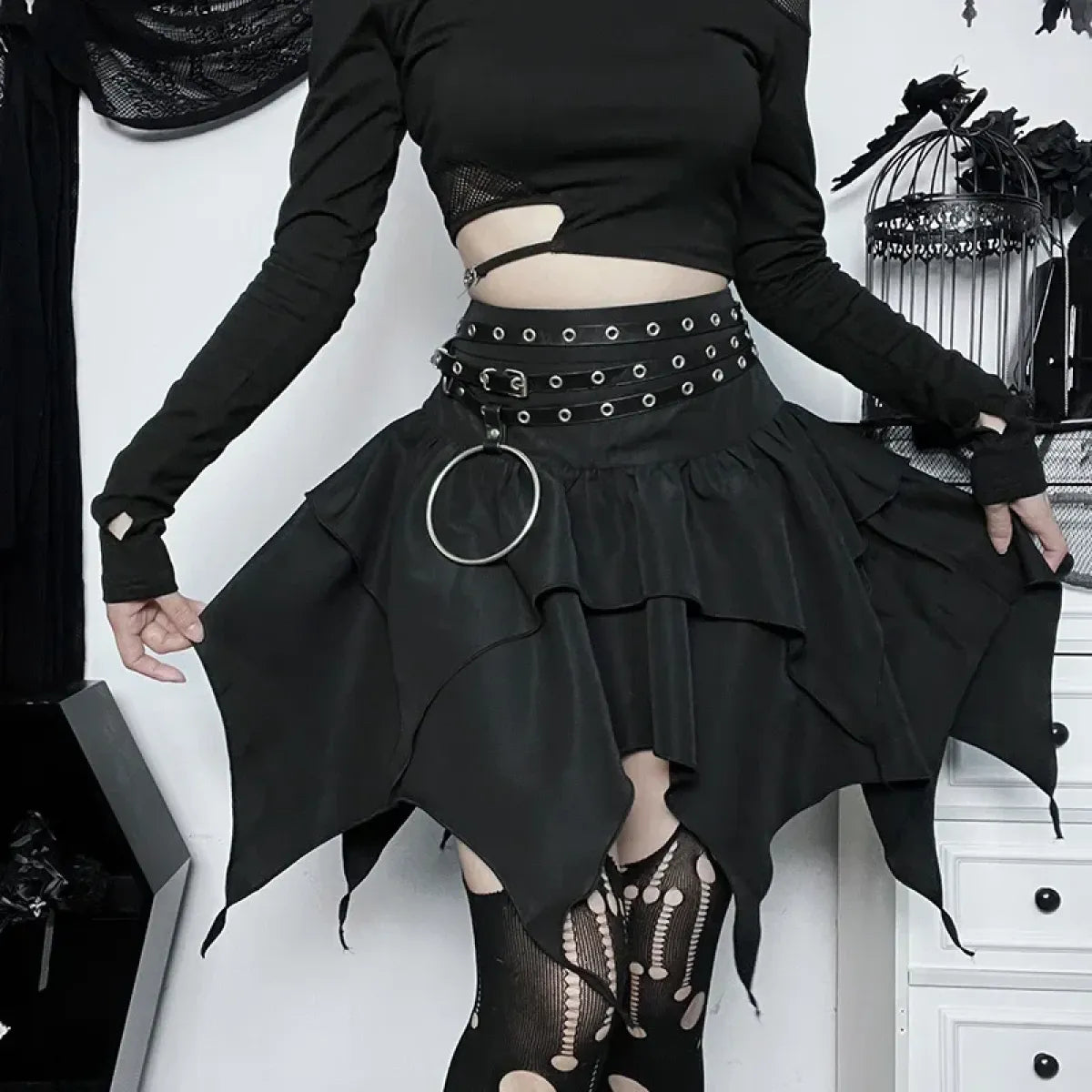 Gothic Punk Ruffle Skirt – Irregular Hem Drawstring Tie-Up Mini Skirt - Bottoms - Skirts - 2