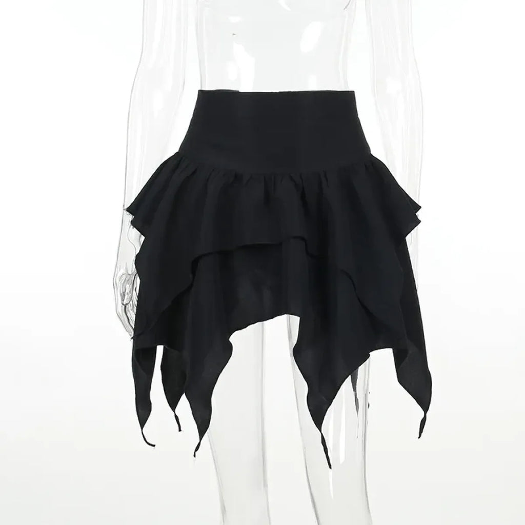 Gothic Punk Ruffle Skirt – Irregular Hem Drawstring Tie-Up Mini Skirt - Bottoms - Skirts - 8