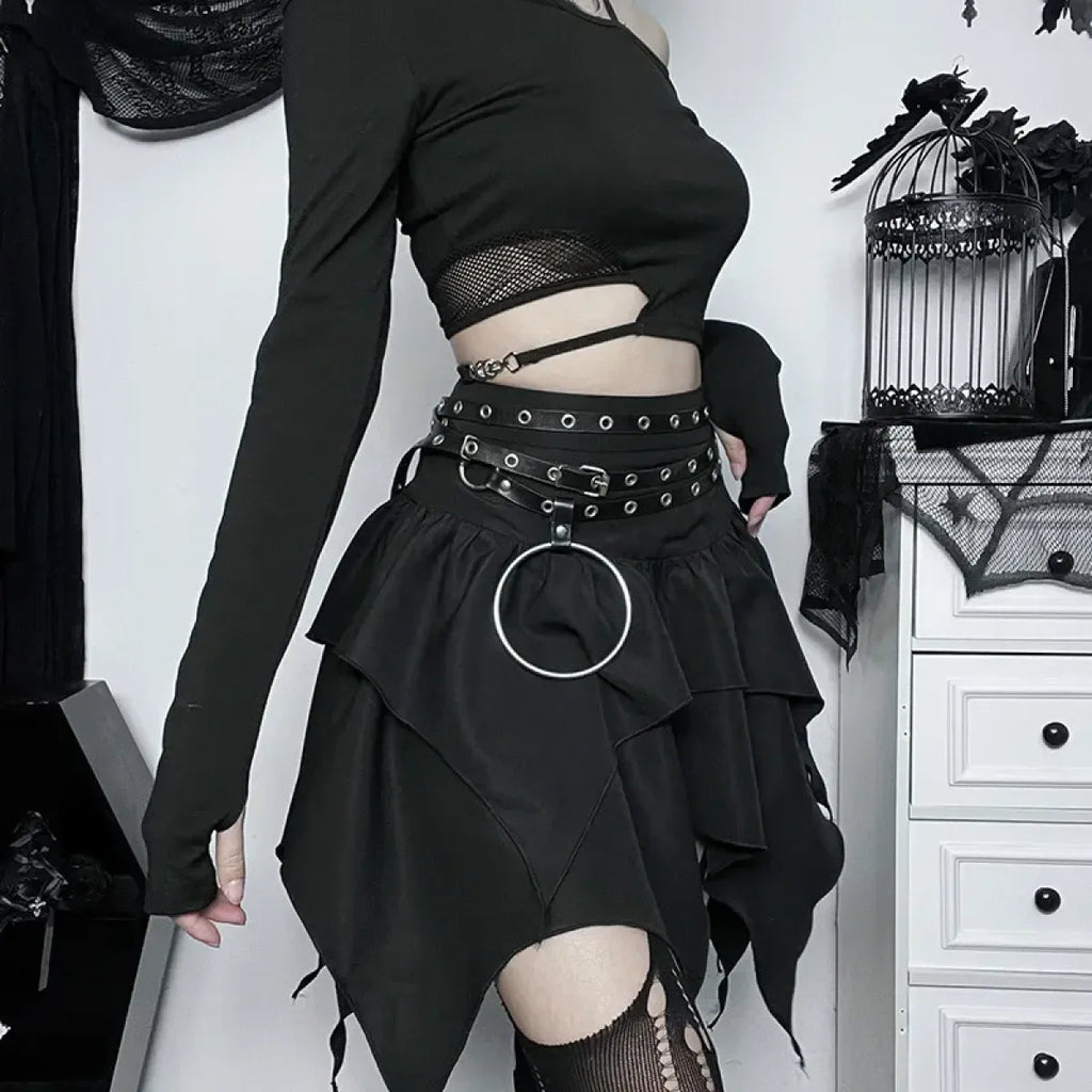 Gothic Punk Ruffle Skirt – Irregular Hem Drawstring Tie-Up Mini Skirt - Bottoms - Skirts - 4