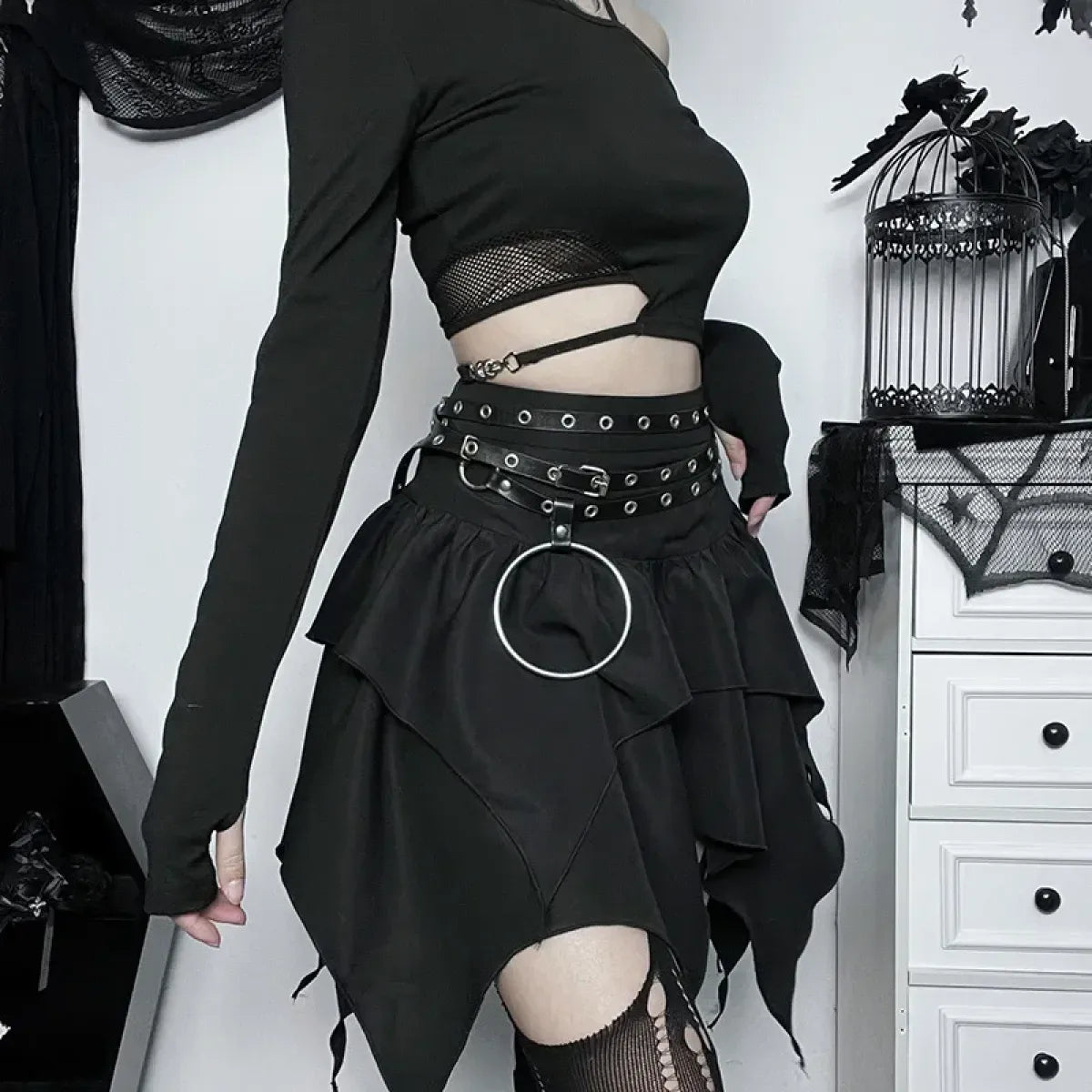 Gothic Punk Ruffle Skirt – Irregular Hem Drawstring Tie-Up Mini Skirt - Bottoms - Skirts - 4