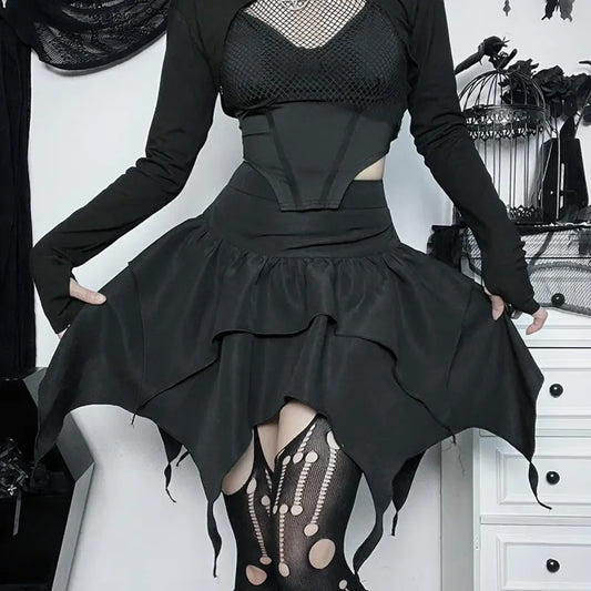 Gothic Punk Ruffle Skirt – Irregular Hem Drawstring Tie-Up Mini Skirt - Bottoms - Skirts - 1