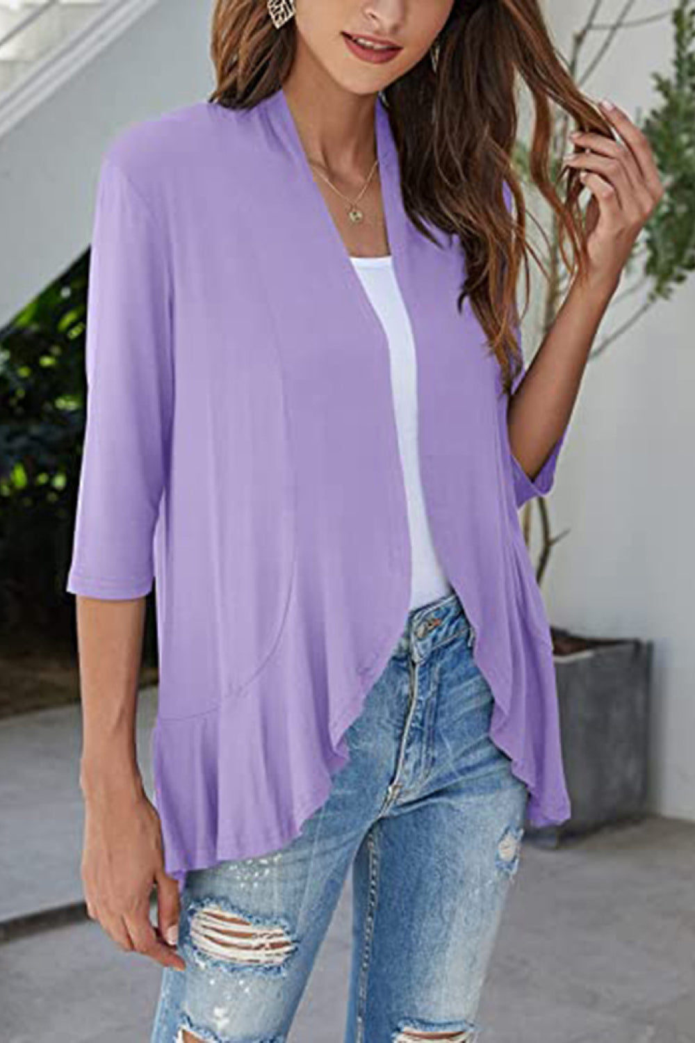 Open Front Ruffle Trim Cardigan - Purple / S - Women’s Clothing & Accessories - Shirts & Tops - 1 - 2024