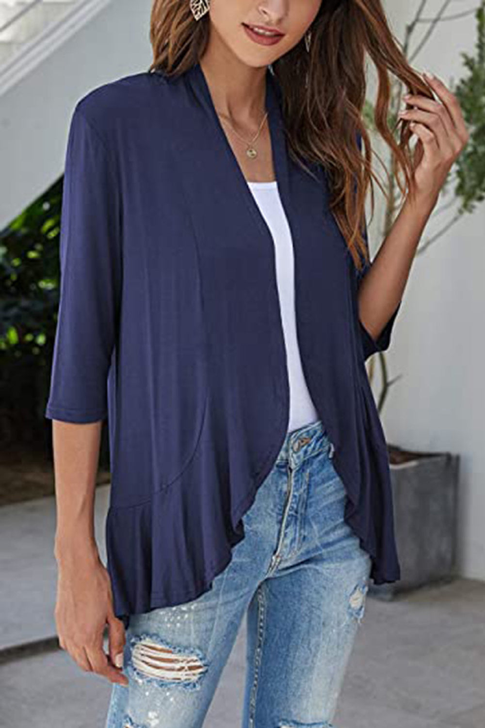 Open Front Ruffle Trim Cardigan - Dark Blue / S - Women’s Clothing & Accessories - Shirts & Tops - 16 - 2024