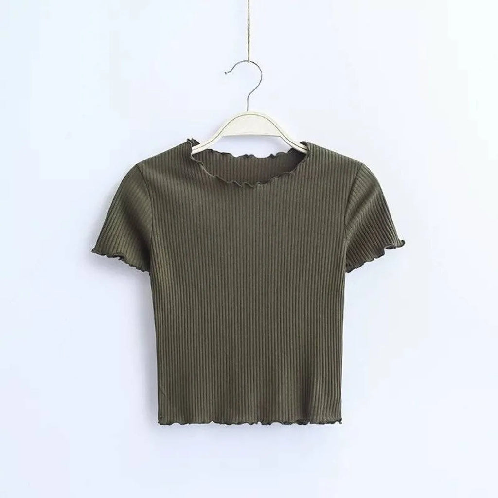 Ruffle Trim Crop Top - T-Shirts - 14
