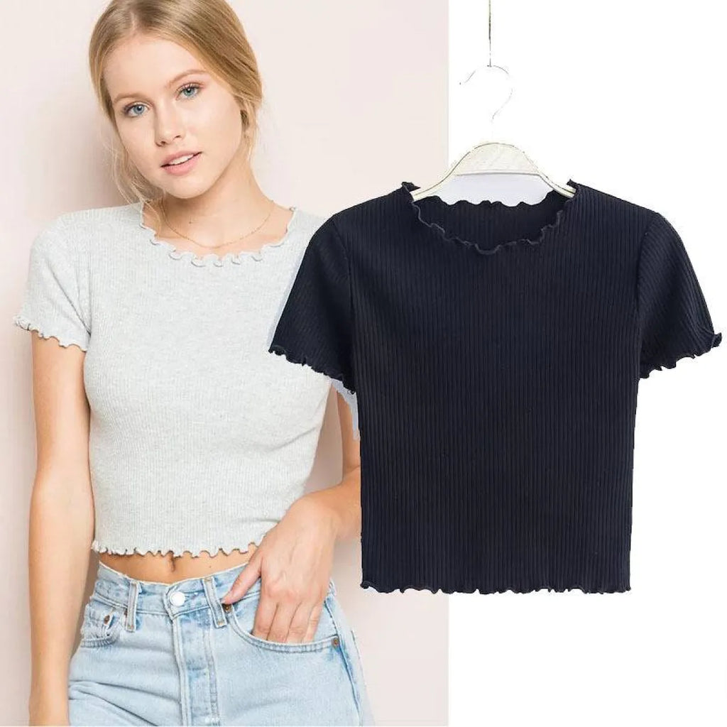 Ruffle Trim Crop Top - T-Shirts - 7