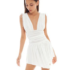 White Pleated Deep V-Neck Mini Dress - All Dresses - Sleeveless - V-neck - Dresses - 1