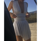 White Pleated Deep V-Neck Mini Dress - All Dresses - Sleeveless - V-neck - Dresses - 5