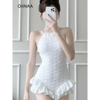 Textured Swimsuit – Ruffled Hem Halter One-Piece Beachwear - Sexy Products - Swimwear - 2