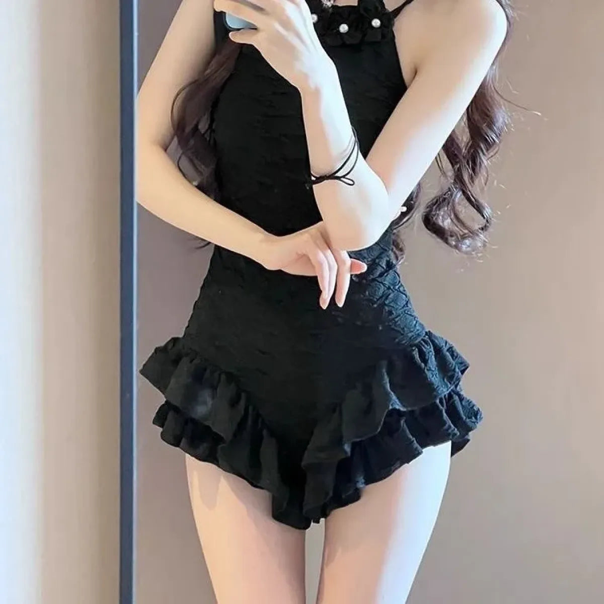 Textured Swimsuit – Ruffled Hem Halter One-Piece Beachwear - Sexy Products - Swimwear - 13