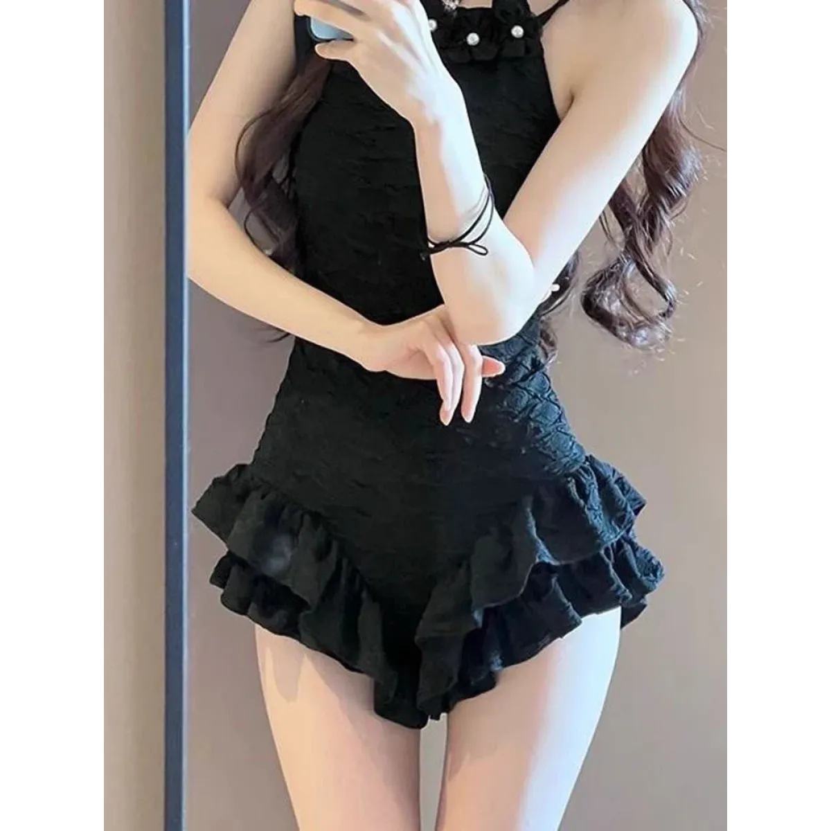 Textured Swimsuit – Ruffled Hem Halter One-Piece Beachwear - Sexy Products - Swimwear - 5