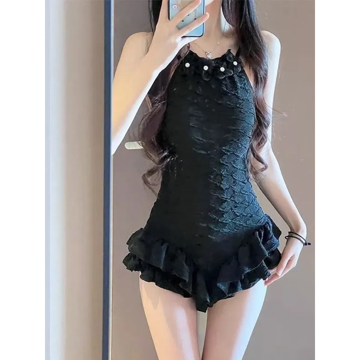 Textured Swimsuit – Ruffled Hem Halter One-Piece Beachwear - Sexy Products - Swimwear - 15