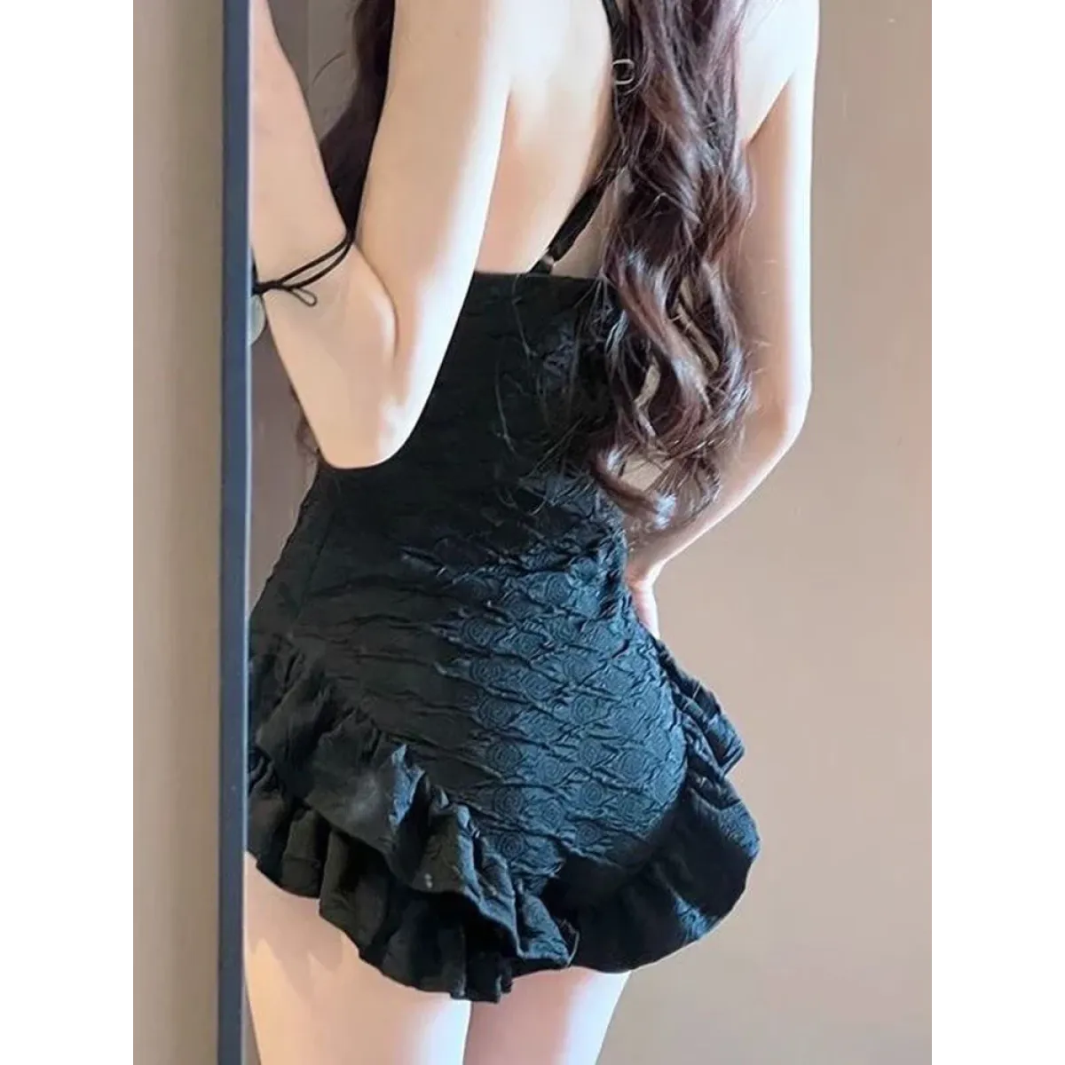 Textured Swimsuit – Ruffled Hem Halter One-Piece Beachwear - Sexy Products - Swimwear - 6