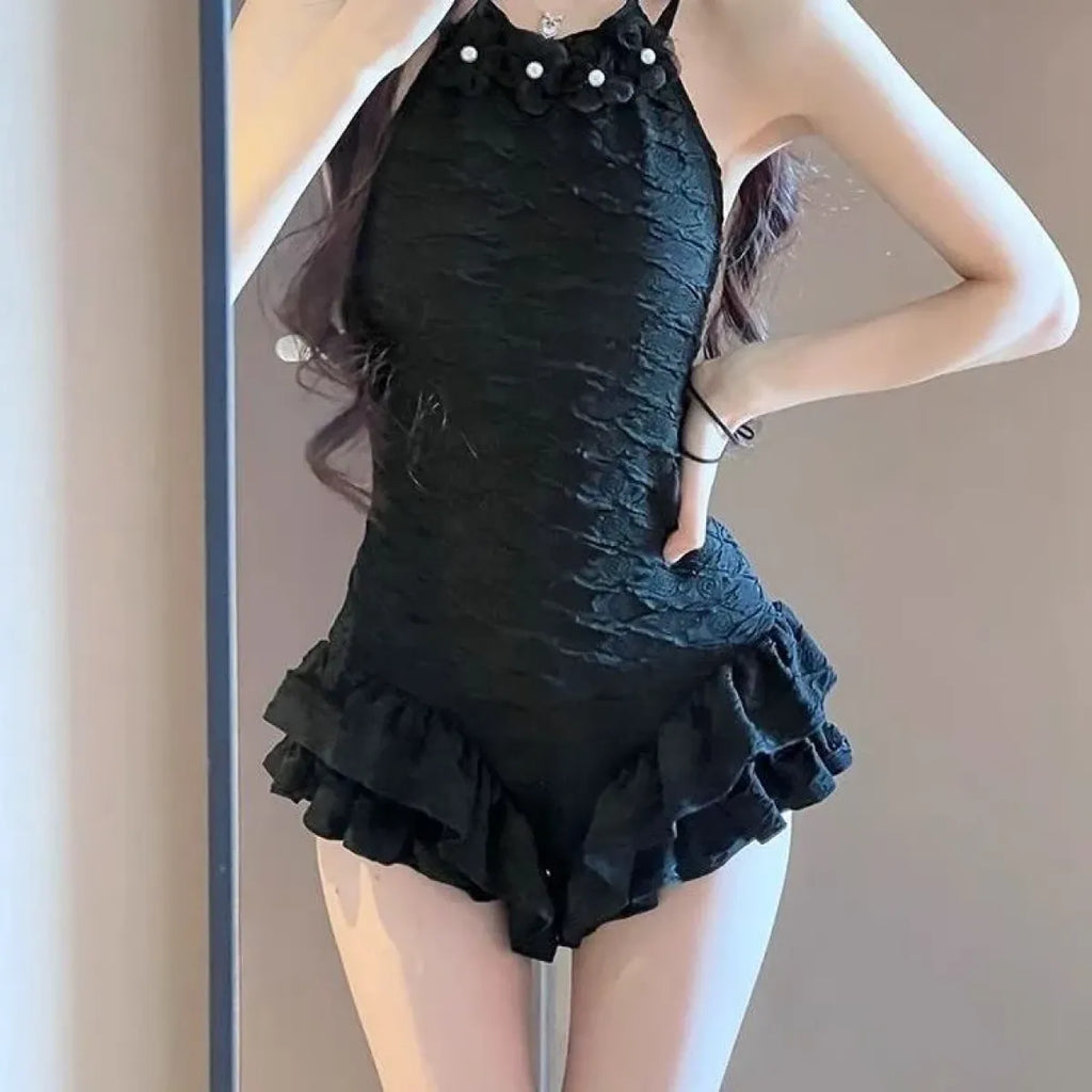 Textured Swimsuit – Ruffled Hem Halter One-Piece Beachwear - Sexy Products - Swimwear - 12