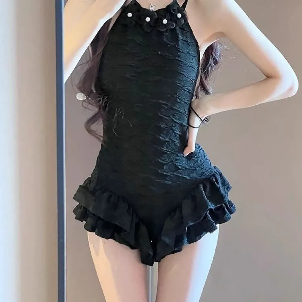 Textured Swimsuit – Ruffled Hem Halter One-Piece Beachwear - Sexy Products - Swimwear - 12