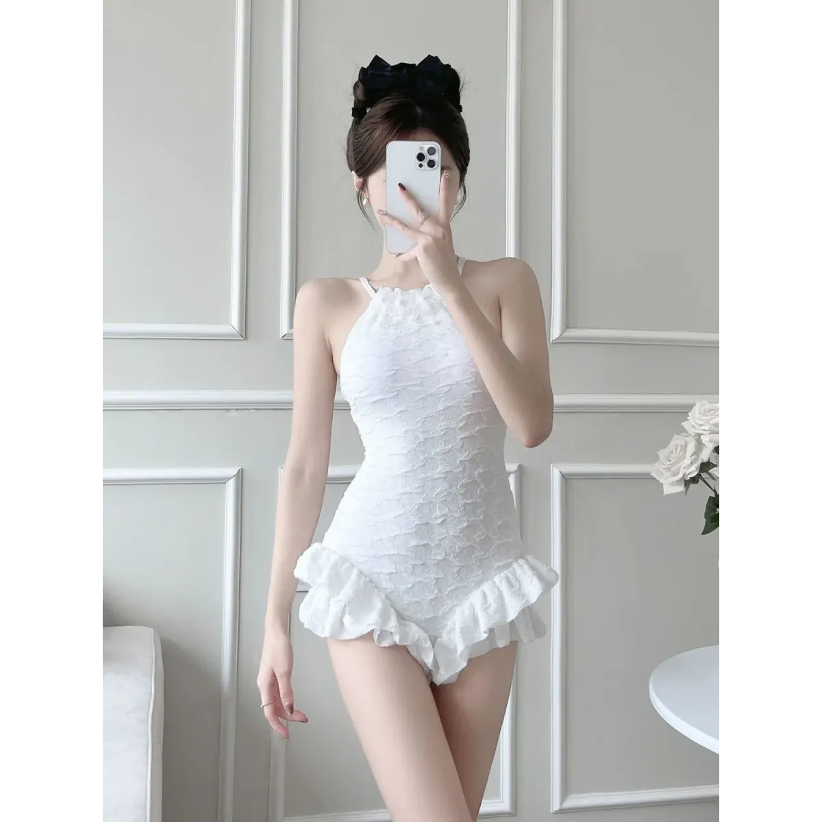 Textured Swimsuit – Ruffled Hem Halter One-Piece Beachwear - Sexy Products - Swimwear - 8