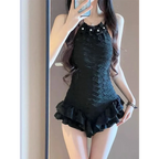 Textured Swimsuit – Ruffled Hem Halter One-Piece Beachwear - Sexy Products - Swimwear - 4
