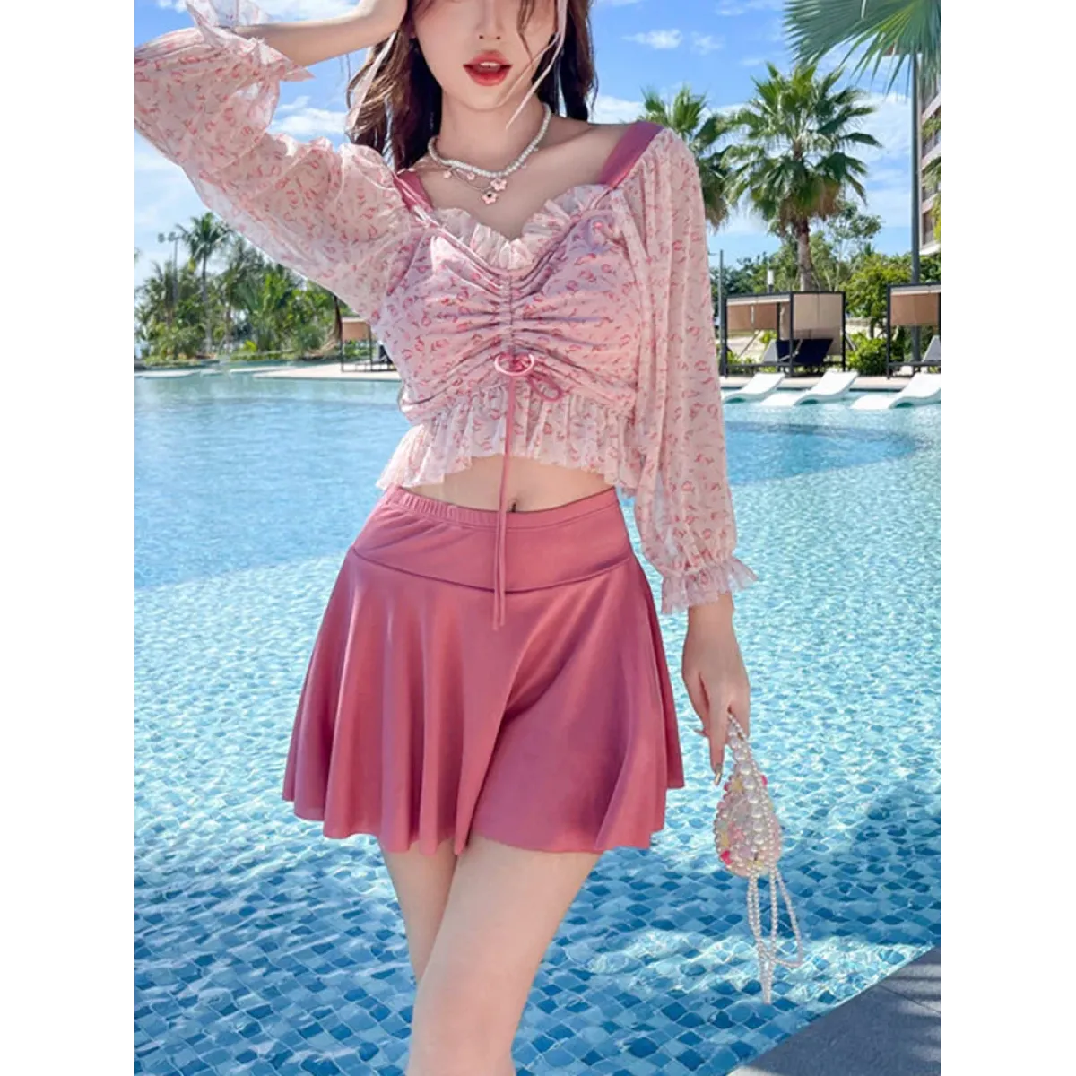 Ruffled Long Sleeve High Waist Swim Skirt Set - Bottoms - Swimsuits - 1