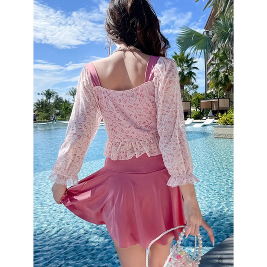 Ruffled Long Sleeve High Waist Swim Skirt Set - Bottoms - Swimsuits - 2