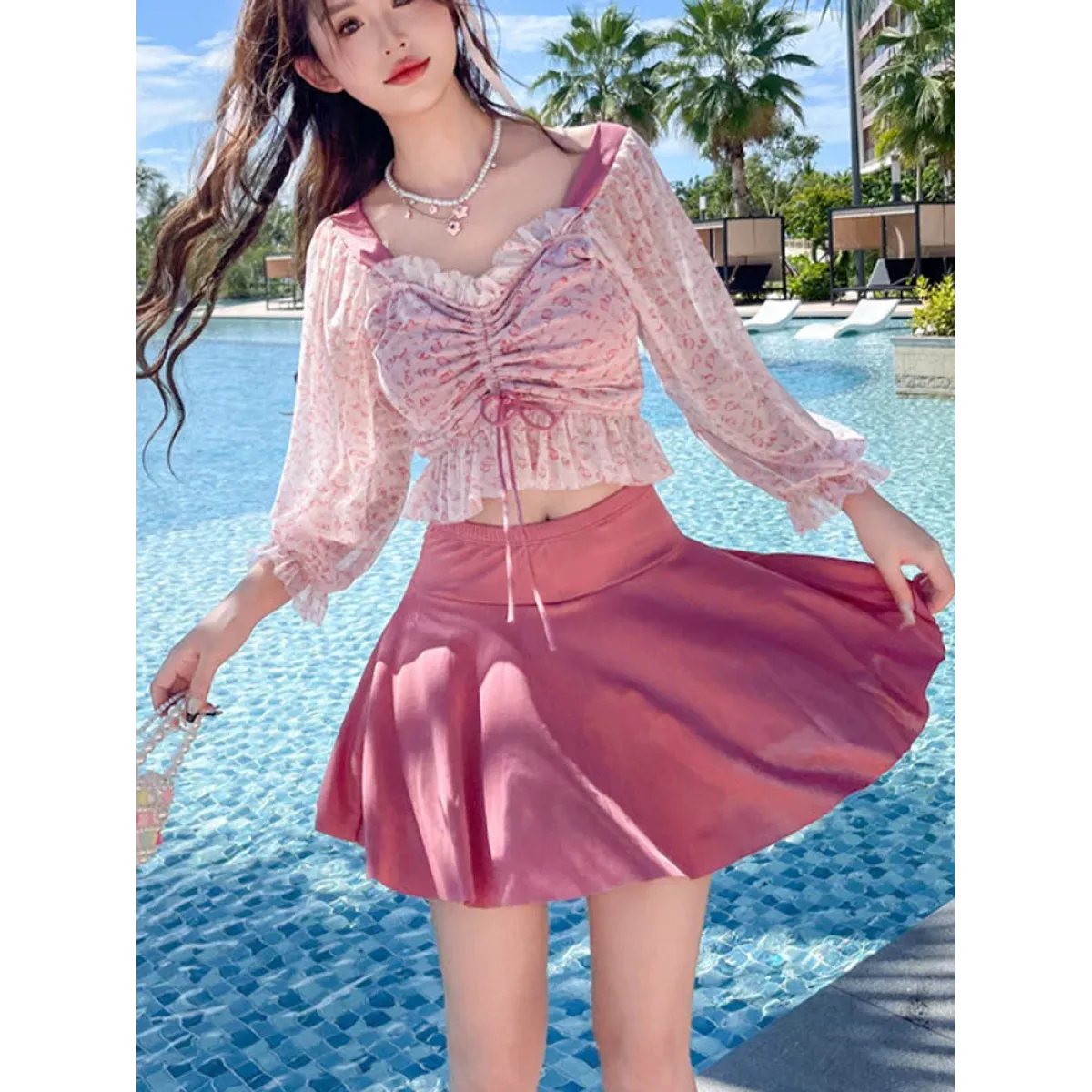 Ruffled Long Sleeve High Waist Swim Skirt Set - Bottoms - Swimsuits - 3