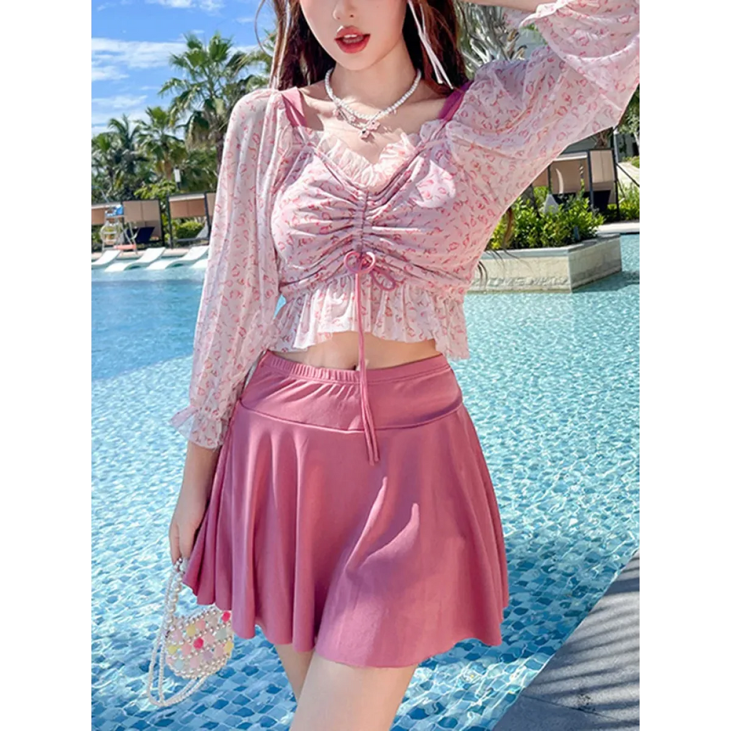Ruffled Long Sleeve High Waist Swim Skirt Set - Bottoms - Swimsuits - 4