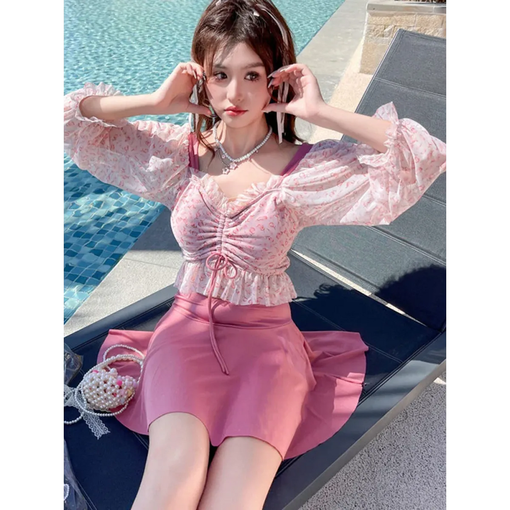 Ruffled Long Sleeve High Waist Swim Skirt Set - Bottoms - Swimsuits - 5