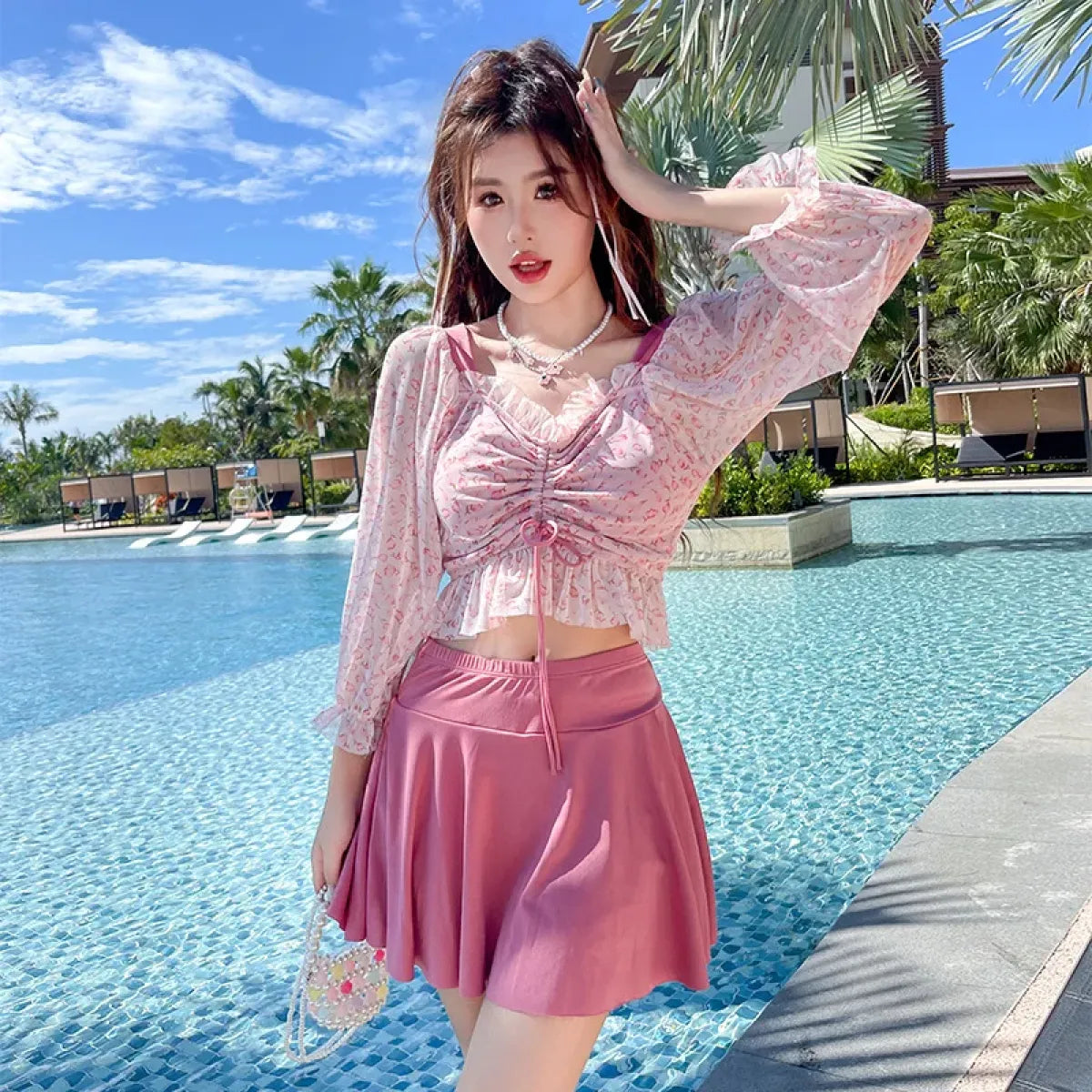 Ruffled Long Sleeve High Waist Swim Skirt Set - Bottoms - Swimsuits - 6