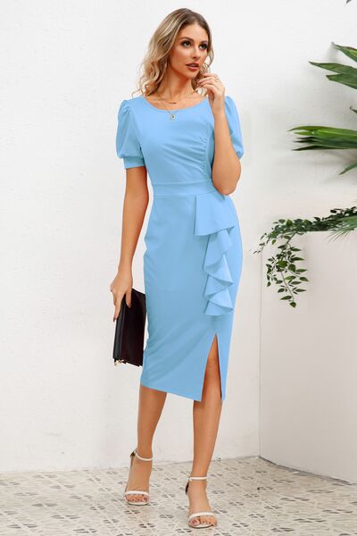 Slit Ruffled Puff Sleeve Midi Dress - All Dresses - Dresses - 16 - 2024