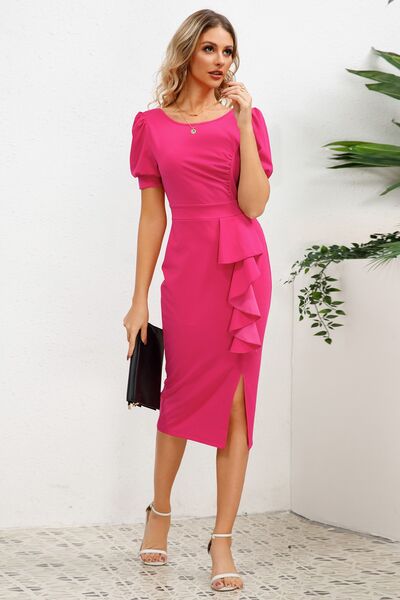 Slit Ruffled Puff Sleeve Midi Dress - All Dresses - Dresses - 4 - 2024