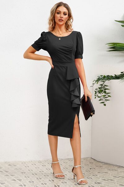 Slit Ruffled Puff Sleeve Midi Dress - All Dresses - Dresses - 8 - 2024