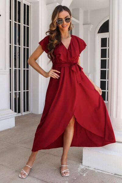 Ruffled Surplice Tie Waist Slit Midi Dress - All Dresses - Dresses - 12 - 2024