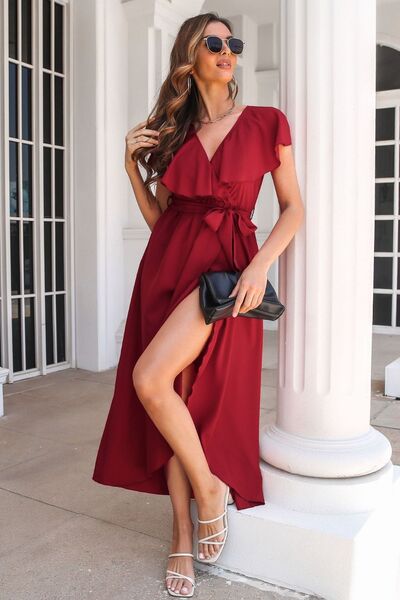 Ruffled Surplice Tie Waist Slit Midi Dress - All Dresses - Dresses - 13 - 2024