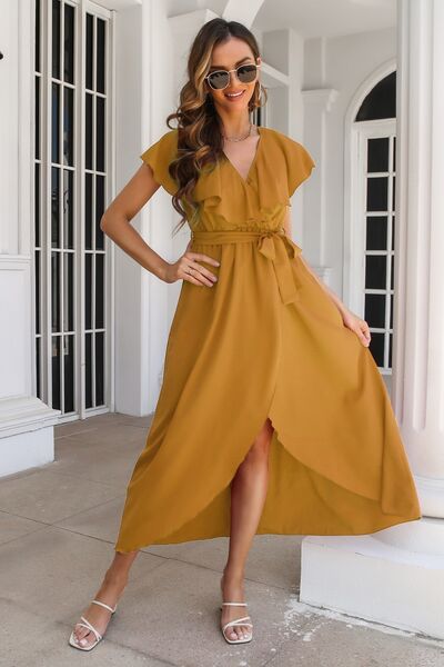 Ruffled Surplice Tie Waist Slit Midi Dress - Honey / S - All Dresses - Dresses - 6 - 2024