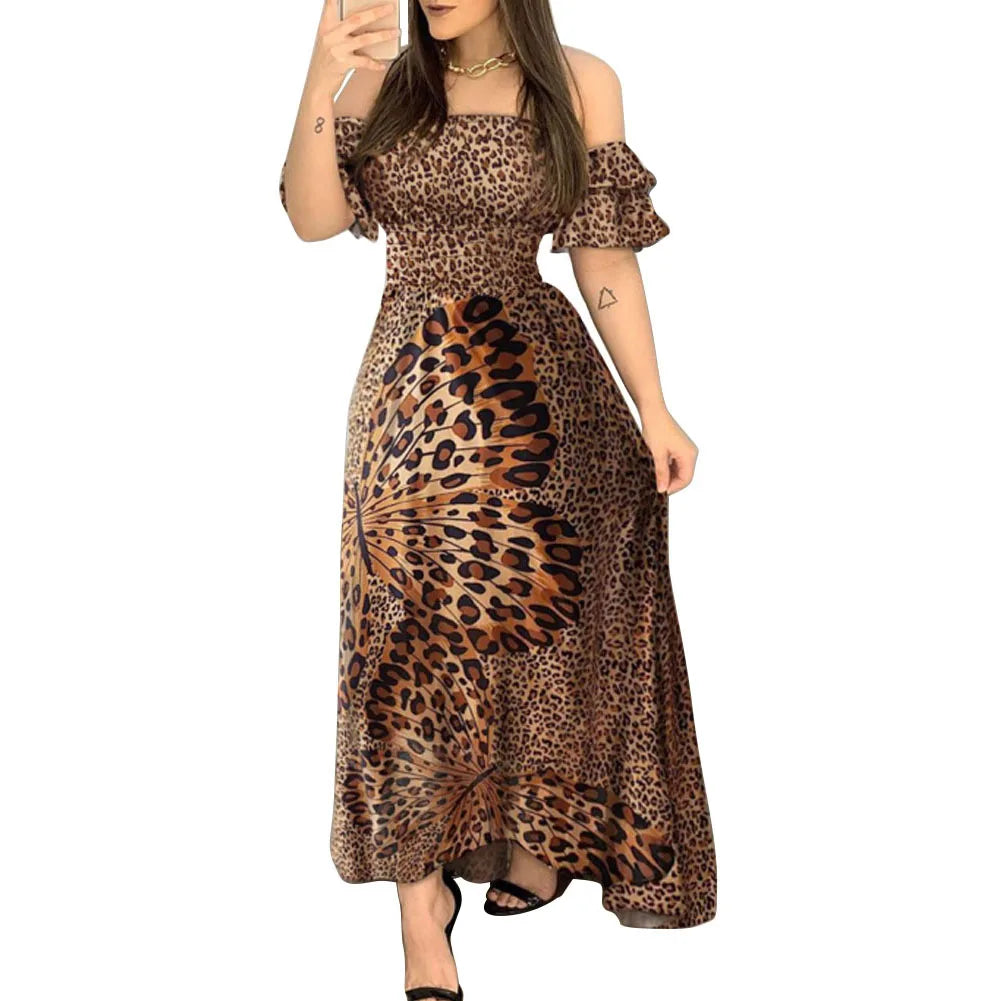 Leopard Print Off-Shoulder Maxi Dress – Ruffled Trendy Evening Wear - Leopard / United States / S - All Dresses