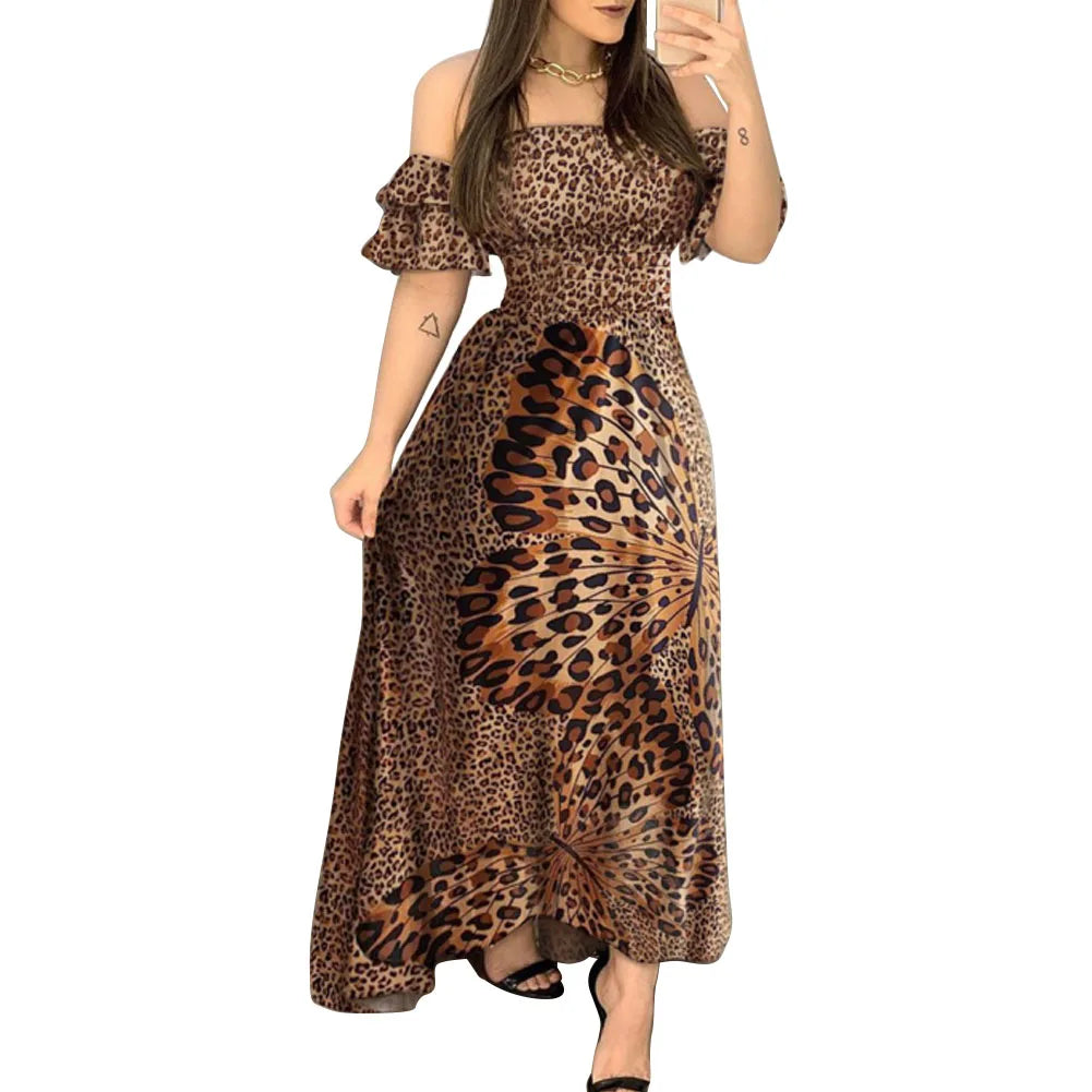 Leopard Print Off-Shoulder Maxi Dress – Ruffled Trendy Evening Wear - Leopard / United States / M - All Dresses