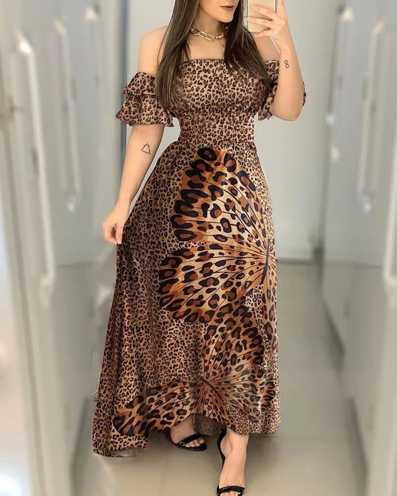 Leopard Print Off-Shoulder Maxi Dress – Ruffled Trendy Evening Wear - All Dresses - One-Pieces - 2024 - 1 - Worldwide