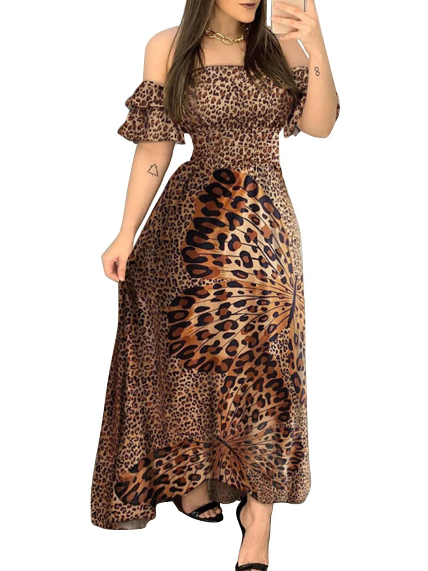 Leopard Print Off-Shoulder Maxi Dress – Ruffled Trendy Evening Wear - All Dresses - One-Pieces - 2024 - 5 - Worldwide