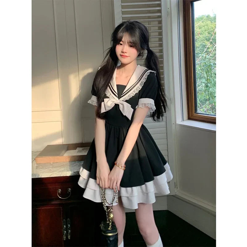 Black Lolita Bow Dress – Cute Sailor Collar Puff Sleeve Kawaii Style - Black / S / Overseas - All Dresses - Dance