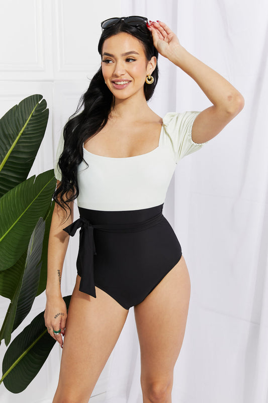 Salty Air Puff Sleeve One-Piece in Cream/Black - Black / S - Women’s Clothing & Accessories - Swimwear - 1 - 2024