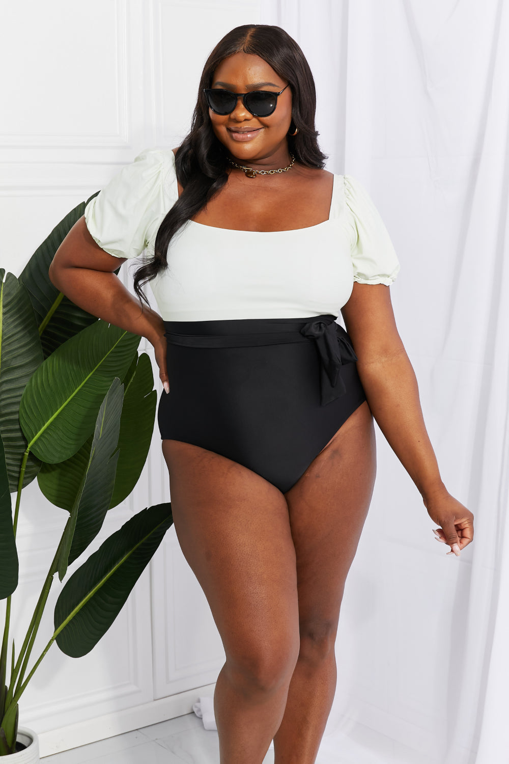 Salty Air Puff Sleeve One-Piece in Cream/Black - Women’s Clothing & Accessories - Swimwear - 6 - 2024