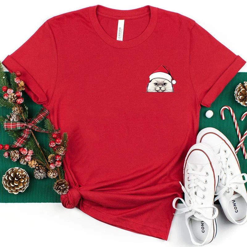 Christmas Cat T-Shirt – Santa Hat Design Women’s Holiday Tee - T-Shirts - T-Shirts - 2024 - 3 - Worldwide Shipping