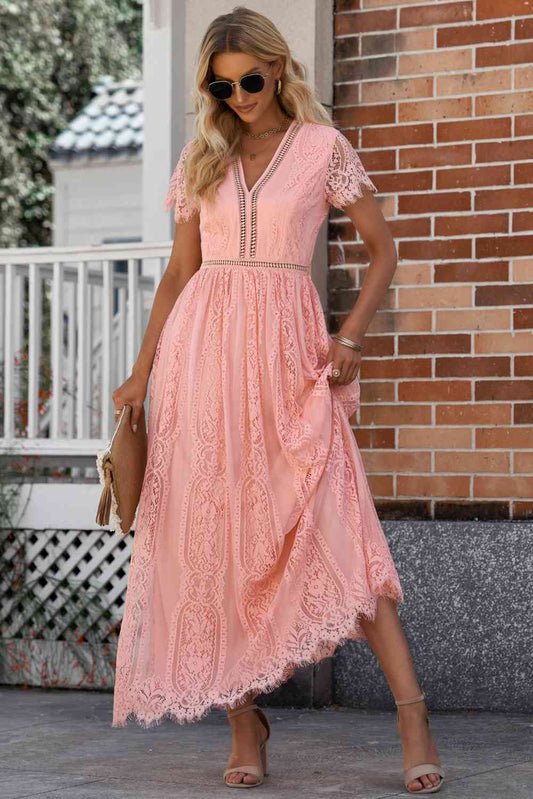 Scalloped Trim Lace Plunge Dress - Coral / S - All Dresses - Dresses - 1 - 2024