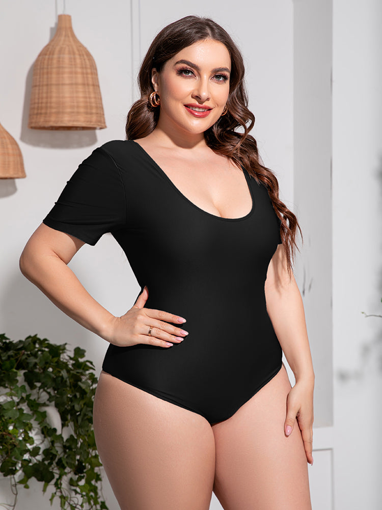 Plus Size Scoop Neck Short Sleeve One-Piece Swimsuit - Women’s Clothing & Accessories - Swimwear - 3 - 2024