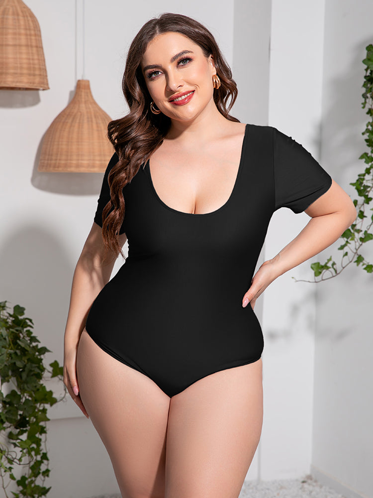 Plus Size Scoop Neck Short Sleeve One-Piece Swimsuit - Women’s Clothing & Accessories - Swimwear - 4 - 2024