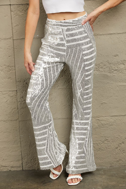 Sequin High Waist Flared Pants - Silver / S - Bottoms - Pants - 1 - 2024