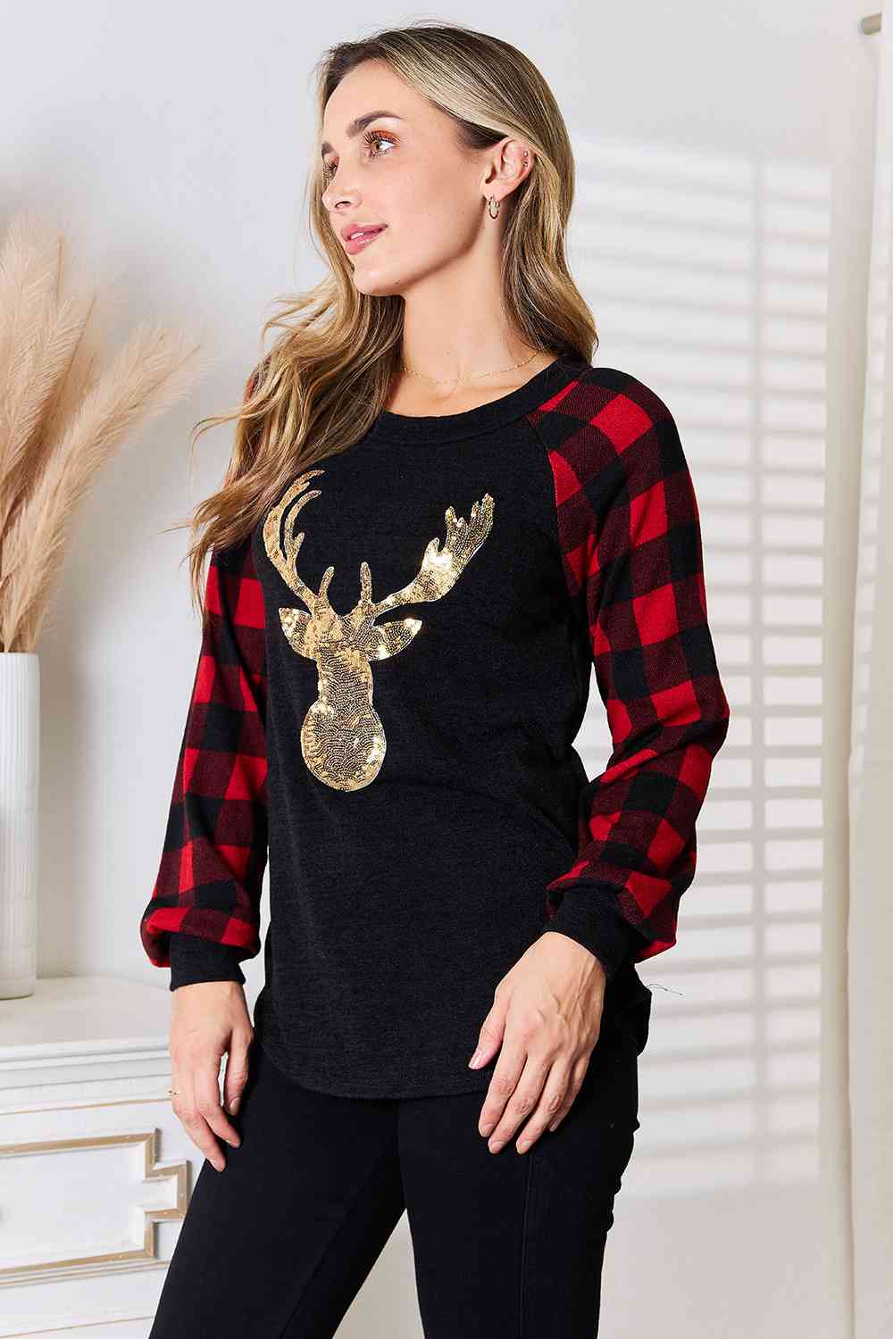 Sequin Reindeer Graphic Plaid Top - Women’s Clothing & Accessories - Shirts & Tops - 3 - 2024